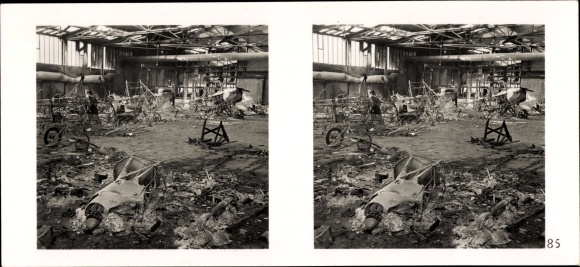 Stereo spatial image photo &quot;The Battle in the West&quot; No. 85, French destroyed by Stukas. airplane shed