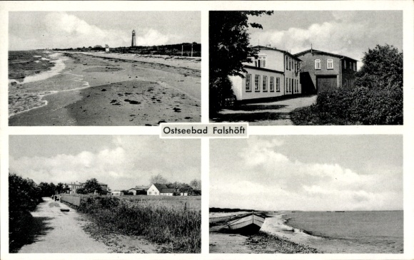 Ak Falshöft Nieby an der Ostsee, Strand, Leuchtturm, Gebäude, Fischkuttersicht