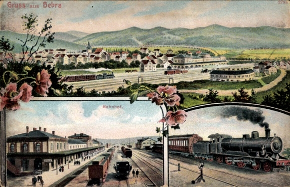 Postcard Bebra on the Fulda in Hesse, train station, track view, panorama, locomotive, steam locomotive