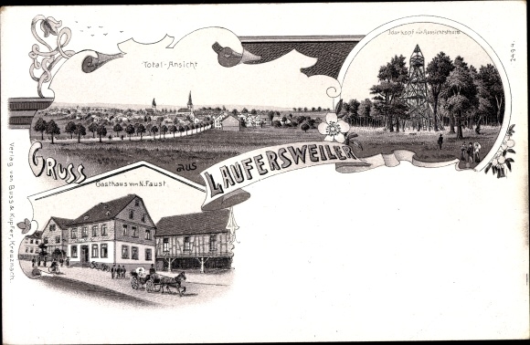 Chromo-Litho Laufersweiler in the Hunsrück, inn, total view, Idarkopf, lookout tower