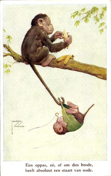 Artist Postcard Wood, Lawson, Monkey on a branch peeling bananas, Monkey child