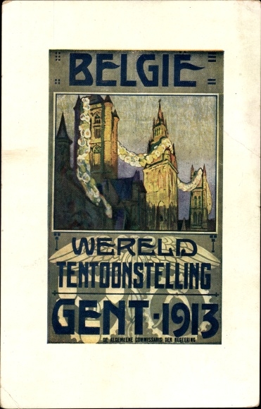 Postcard world exhibition in Gand 1913, city in festive decorations, church tower