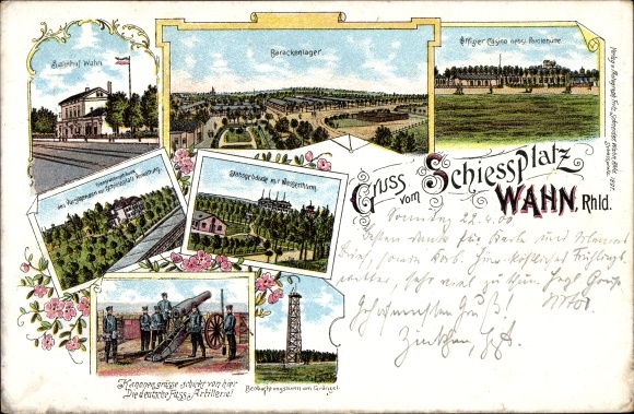 Chromo-Litho Wahn Cologne, shooting range, barracks camp, train station, observation tower at Gängel