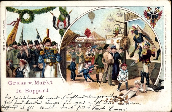Litho Boppard am Rhein, Gruß vom Markt, Riesenrad, Volksfest, gestürzter Bäcker