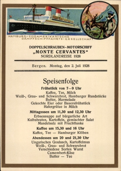 Ak HSDG Dapfer Monte Cervantes, Speisenfolge abends