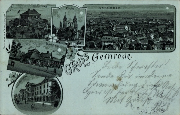 Moonlight Chromo-Litho Gernrode Quedlinburg in the Harz, Stubenberg, church, general view, Haus Hagenthal
