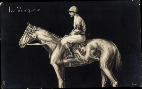 Artist Postcard Le Vainqueur, jockey, horse, female body, metamorphosis, PFB 2608/1