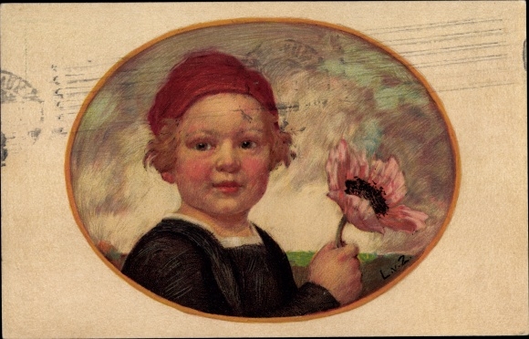 Artist postal stationery PC Zumbusch, Ludwig von, Bavarian flower day 1913, boy with poppies