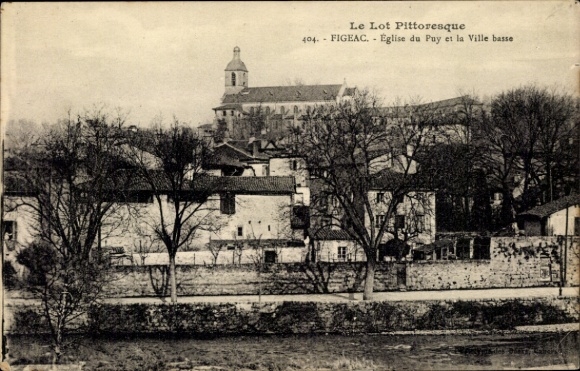 Ak Figeac Lot, Landschaftsaufnahme, Kirche Eglise du Puy, Häuser, Fluss