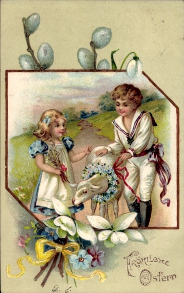 Präge Ak Glückwunsch Ostern, Kinder, Blumen, Lamm, Weidenkätzchen