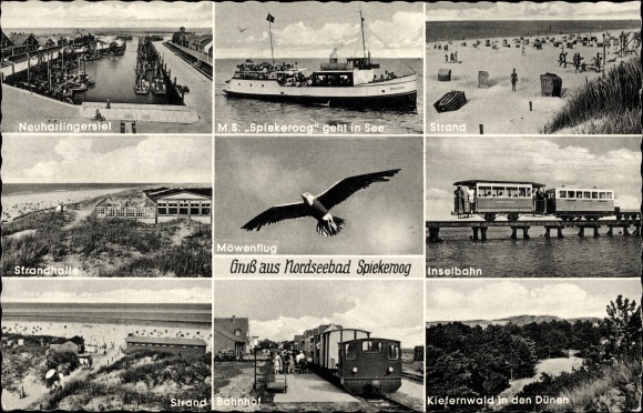 Postcard Nordseebad Spiekeroog in Ostfriesland, island railway, pine forest, train station, beach, Neuharlingersiel