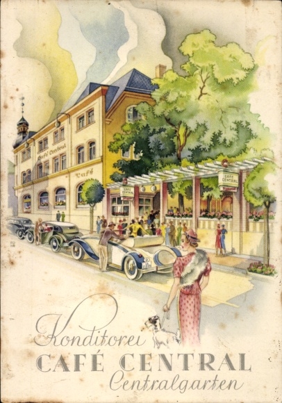 Künstler Ak Zeulenroda Triebes Thüringen, Konditorei Cafe Zental, Zentralgarten, Autos,Dame mit Hund