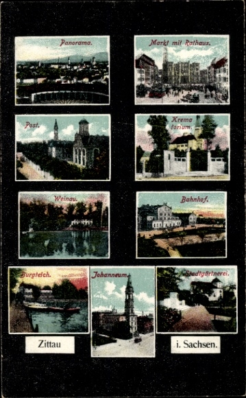 Ak Zittau in der Oberlausitz, Panorama, Post, Markt m. Rathaus, Krematorium, Bahnhof, Johanneum