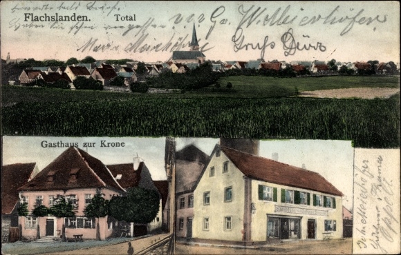 Postcard Flachslanden in the Ansbach district of Middle Franconia, Inn zur Krone, action, total view of the place
