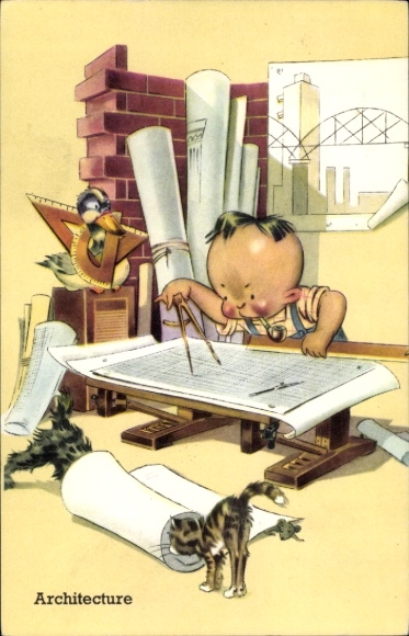 Postcard architect with compass, technical draftsman