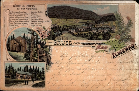 PC Ilmenau in Thuringia, landscape with Kickelhahn, Goethe as an old man, greetings from Bad Ilmenau