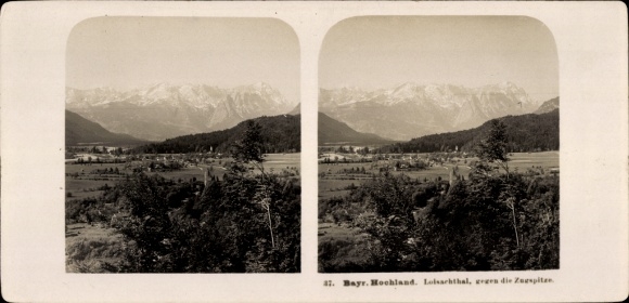 Stereo photo Bavarian highlands, Loisachtal towards the Zugspitze