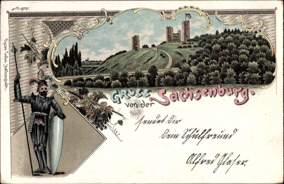 Litho Sachsenburg Oldisleben im Kyffhäuserkreis, Blick auf die Burg und Umgebung, Ritter