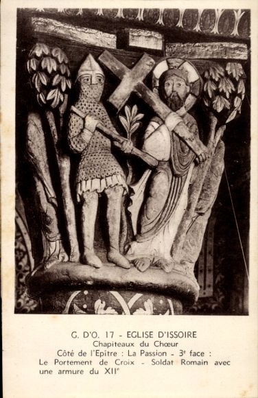 Postcard Issoire Puy de Dôme, relief with knight and Christ, church of Passion theme