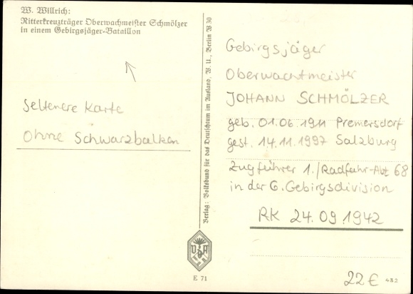 Artist PC Willrich, Wolfgang, Knight&#39;s Cross bearer Oberwachtmeister Schmölzer, VDA E 71