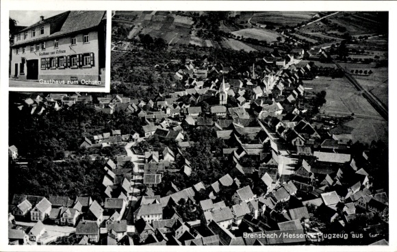 Ak Brensbach in het Odenwald Hessen, luchtfoto van het Gasthaus zum Ochsen, landelijke omgeving, gebouwen