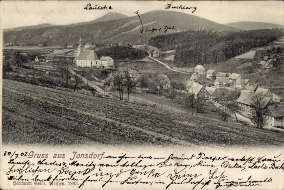 Ak Jonsdorf in der Oberlausitz Sachsen, Landschaft mit Hügeln, Kirche, Häusern, Text auf 