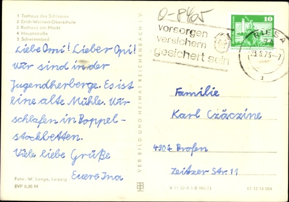 Postcard Strehla on the Elbe Saxony, gatehouse of the castle, Erich Weinert high school, town hall, swimming pool