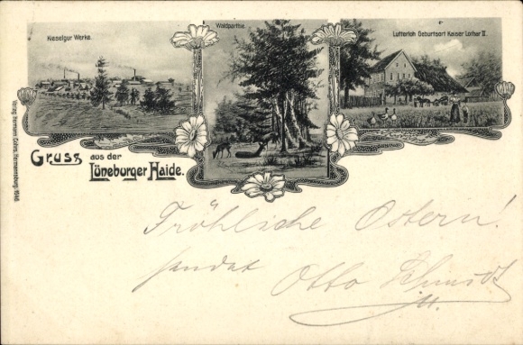 litho Lutterloh Südheide Lüneburger Heide, geboorteplaats van keizer Lothar II, diatomeeënaardewerken, bosgebied