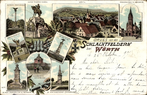 Ak Wörth am Rhein, Verschiedene Denkmäler, Kaiser Friedrich Denkmal, Schlachtfelder, Wörth