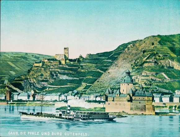 Chromo photo Caub Kaub on the Rhine, Pfalzgrafenstein Castle, Palatinate, Gutenfels Castle, Rhine steamer