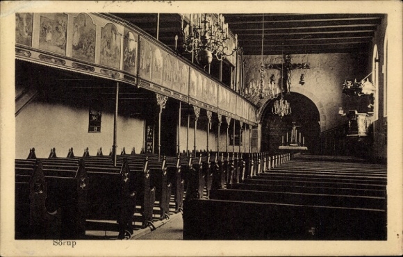 Ak Sörup Sleeswijk Holstein, kerk, kroonluchter, kruis, banken