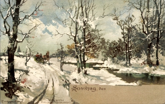 Artist Chromo-Litho Guggenberger, Thomas, Allegory, Sunday, Winter Greetings, Sleigh Team