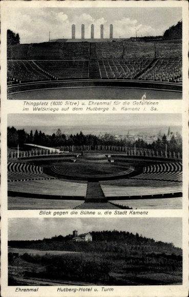 Ak Kamenz in Sachsen, Thingplatz, 6000 Sitze, Ehrenmal, Blick gegen Bühne, Stadt  Hutberg-Hotel