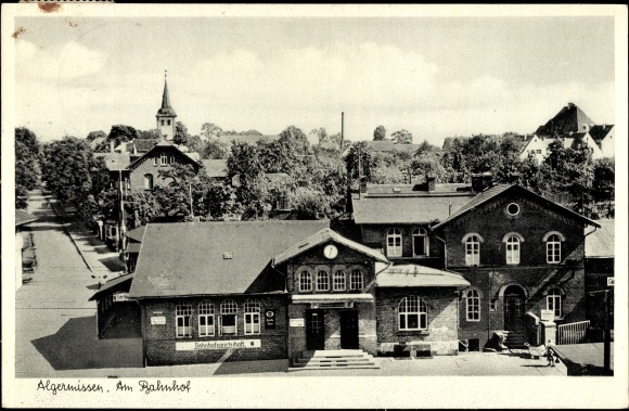 Postcard Algermissen in Lower Saxony, train station, church