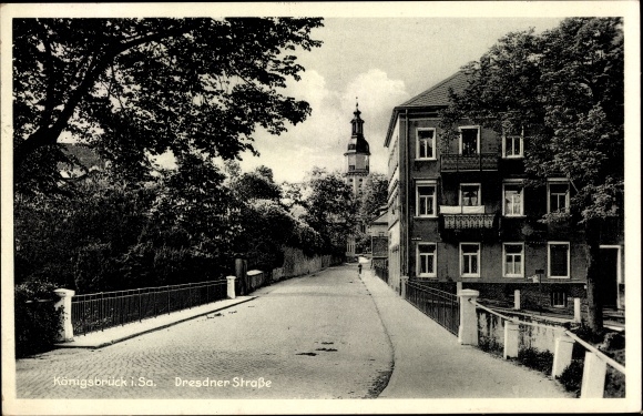Postcard Königsbrück der Oberlausitz, Dresdner Strasse, bridge, houses, church