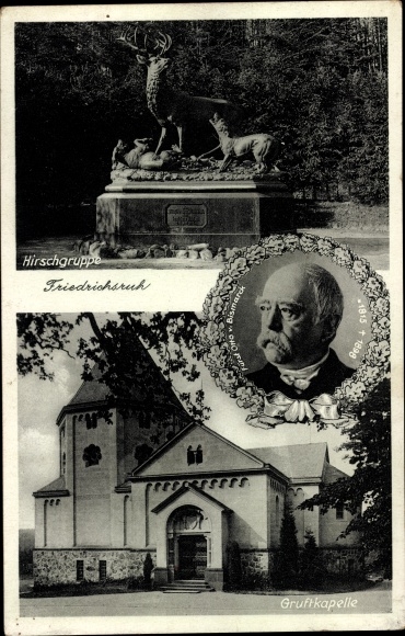 Postcard Friedrichsruh Aumühle in Lauenburg, group of deer, crypt chapel, portrait of Bismarck