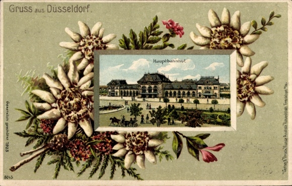 Präge Passepartout Ak Düsseldorf, Ansicht des Hauptbahnhofes, Blumen