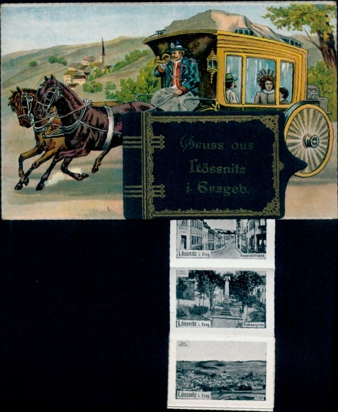 Leporello Postcard Lößnitz Lössnitz in the Ore Mountains, carriage ride, town hall square, long shot