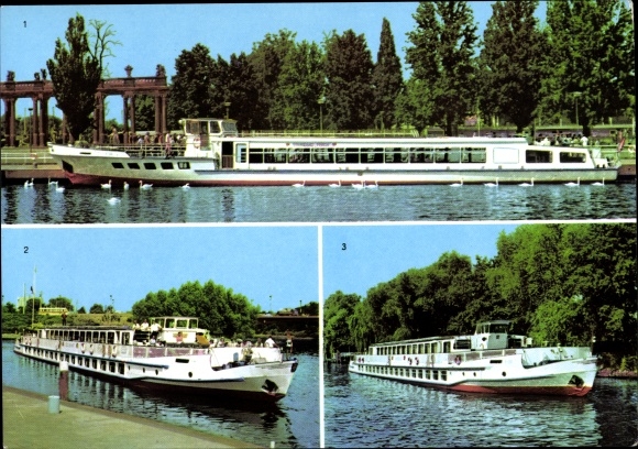 Postcard Potsdam, VEB Verkehrsbetriebe, Weiße Flotte, MS Strandbad Ferch, Cecilienhof, Sanssouci