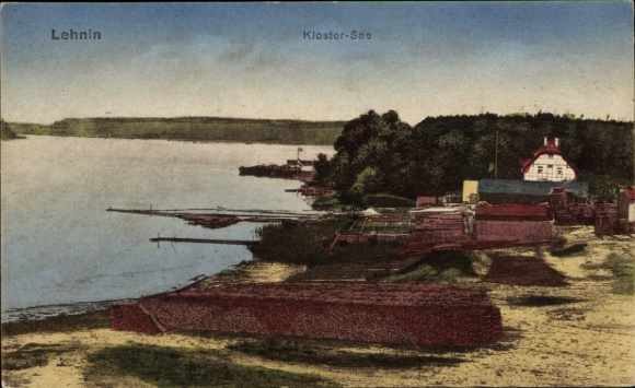 Postcard Kloster Lehnin, part by the lake with wood storage