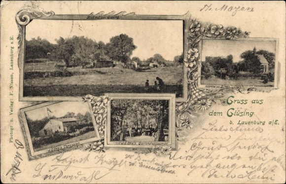 Postcard Glüsing Schnakenbek in Lauenburg, chapel, dance hall, Ohles garden establishment