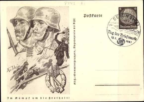 Postal stationery artist Postcard v. Axster Heudtlaß, W., In the fight for freedom, Wehrmacht, hand grenade