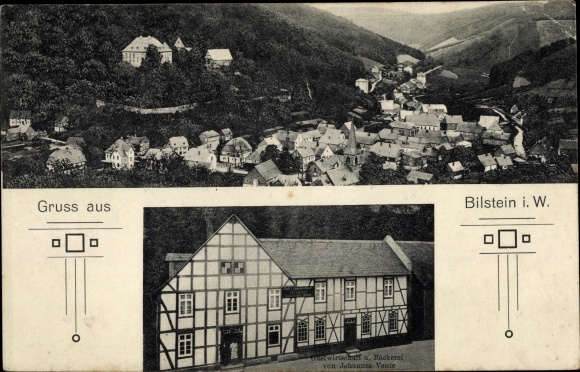 Postcard Bilstein Lennestadt in Sauerland, inn, bakery, panorama