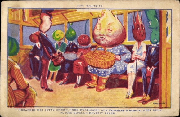 Artist Postcard Humanized Fruits in the Train, Conductor