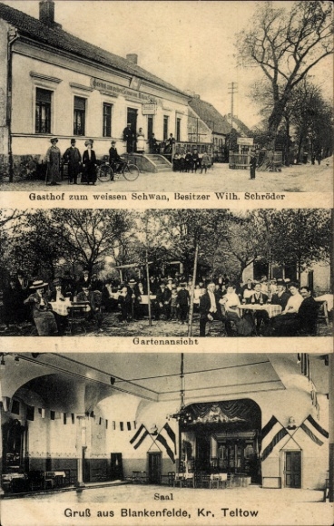 Postcard Blankenfelde in Brandenburg, Gasthof zum weißen Schwan, garden view, hall