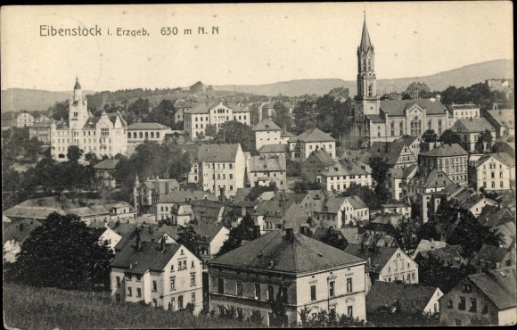 Postcard Eibenstock in the Erzgebirge of Saxony, general view, church