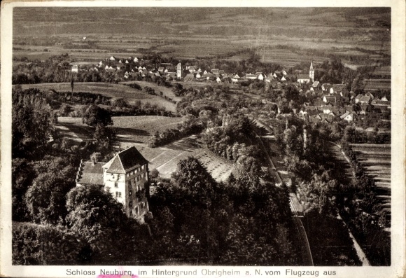 Ak Neuburg Obrigheim in der Pfalz, Luftaufnahme von Schloss Neuburg, malerische Landschaft, angre