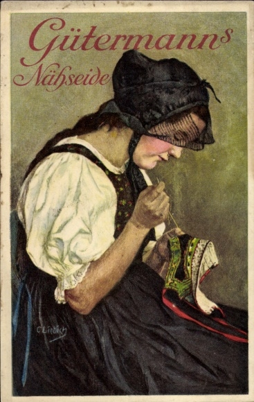 Artist Postcard Liebich, C., woman in traditional costume sewing, advertisement, Gütermann's sewing silk