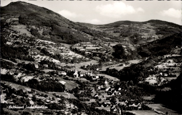 Postcard Sasbachwalden in the Black Forest, landscape with mountains, village view, church, photo