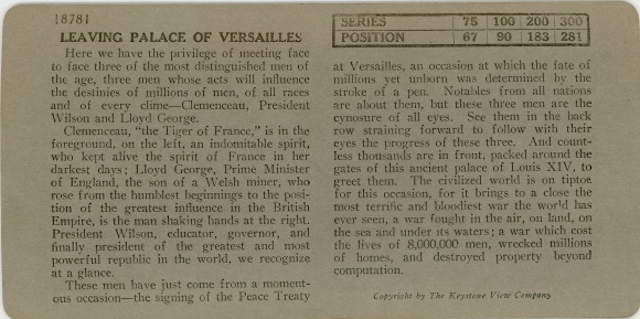 Stereo photograph Leaving the Palace of Versailles, Clemenceau, Wilson, Lloyd George